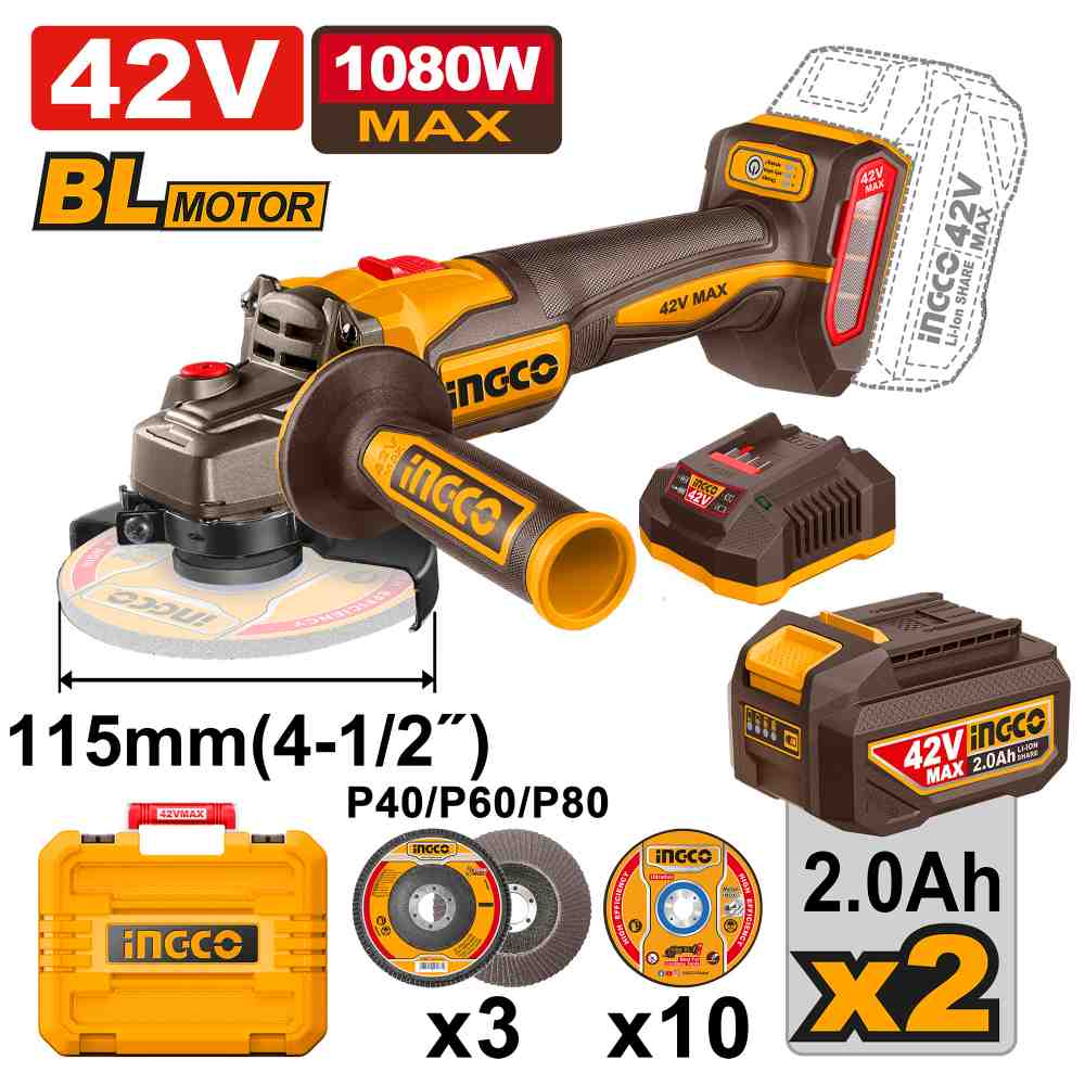 Amoladora 1080W 42 V 115mm * Incluye Cargador/bat 2 Ah INGCO